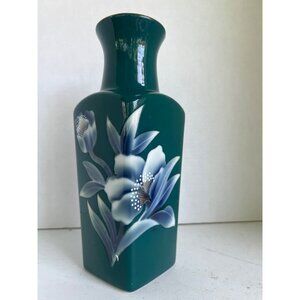 Vtg Teal Green Japanese Porcelain Vase Hand-Painted Blue & White Floral Design
